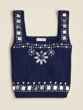 J. Crew Navy Crochet Tank with Silver Mirror Embellishments